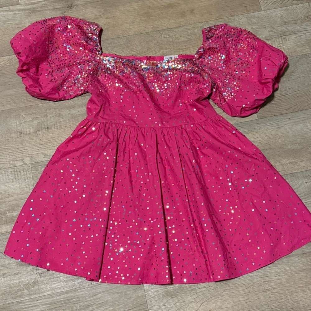Pink Sequin Puff Sleeve Dress